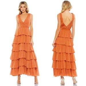 Mac Duggal Orange Tiered V-Neck Maxi Dress